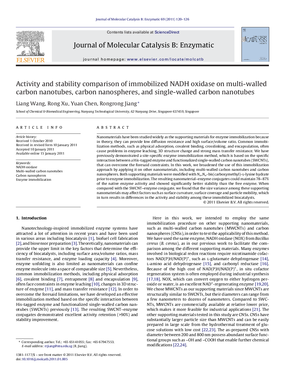 Activity and stability comparison of immobilized NADH oxidase on multi-walled carbon nanotubes, carbon nanospheres, and single-walled carbon nanotubes