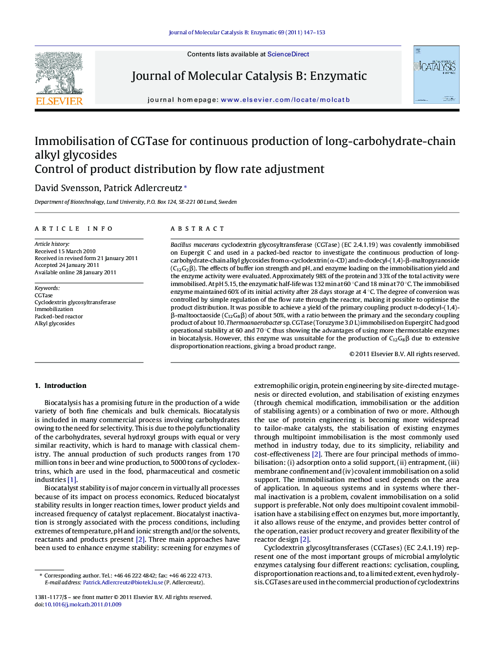 Immobilisation of CGTase for continuous production of long-carbohydrate-chain alkyl glycosides: Control of product distribution by flow rate adjustment