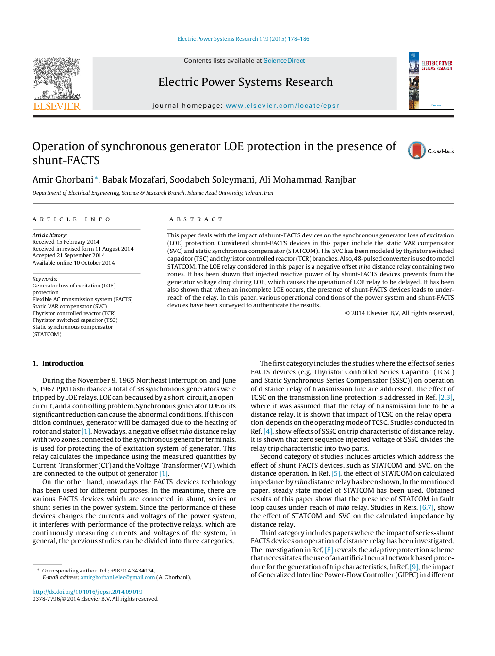 Operation of synchronous generator LOE protection in the presence of shunt-FACTS