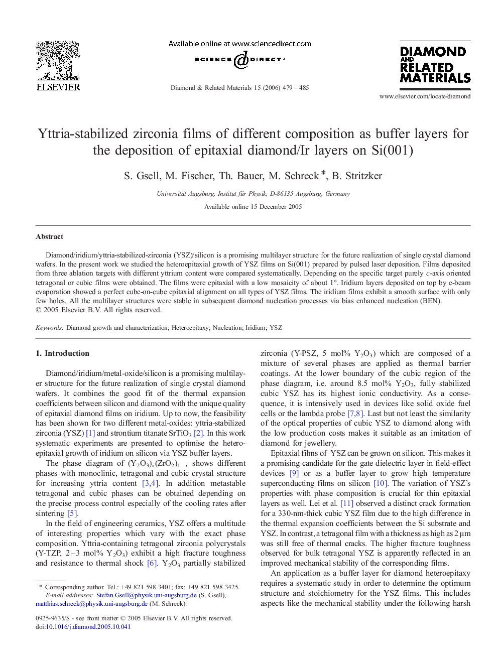 Yttria-stabilized zirconia films of different composition as buffer layers for the deposition of epitaxial diamond/Ir layers on Si(001)