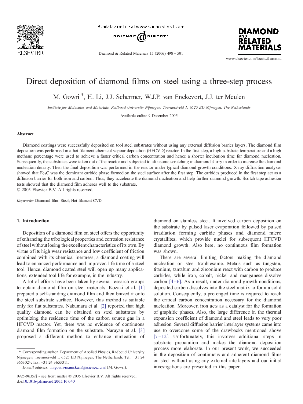 Direct deposition of diamond films on steel using a three-step process