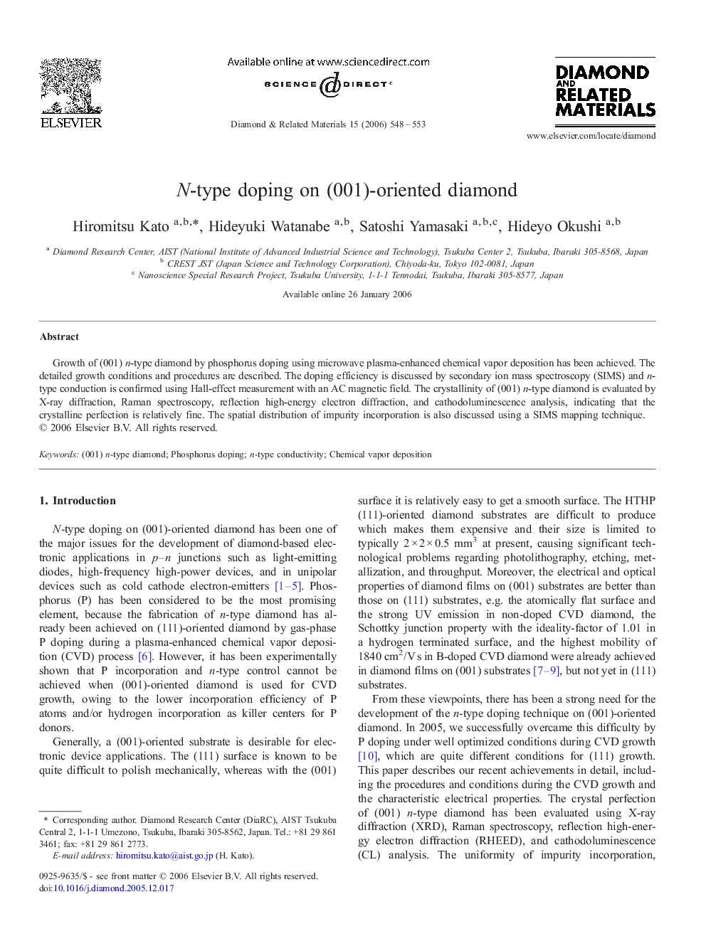 N-type doping on (001)-oriented diamond