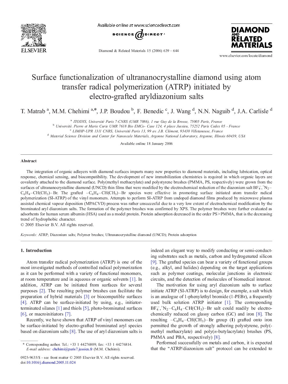 Surface functionalization of ultrananocrystalline diamond using atom transfer radical polymerization (ATRP) initiated by electro-grafted aryldiazonium salts