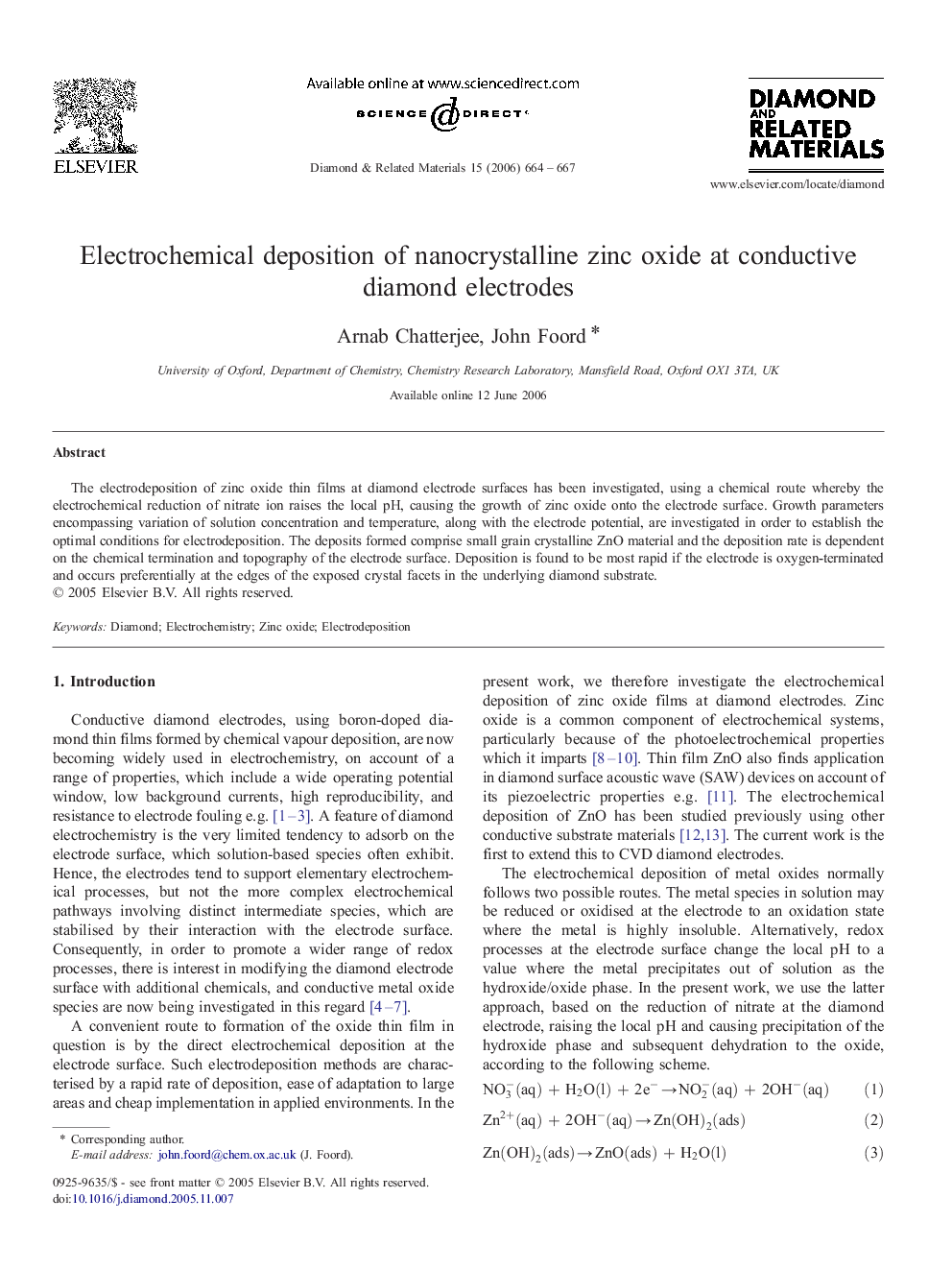 Electrochemical deposition of nanocrystalline zinc oxide at conductive diamond electrodes