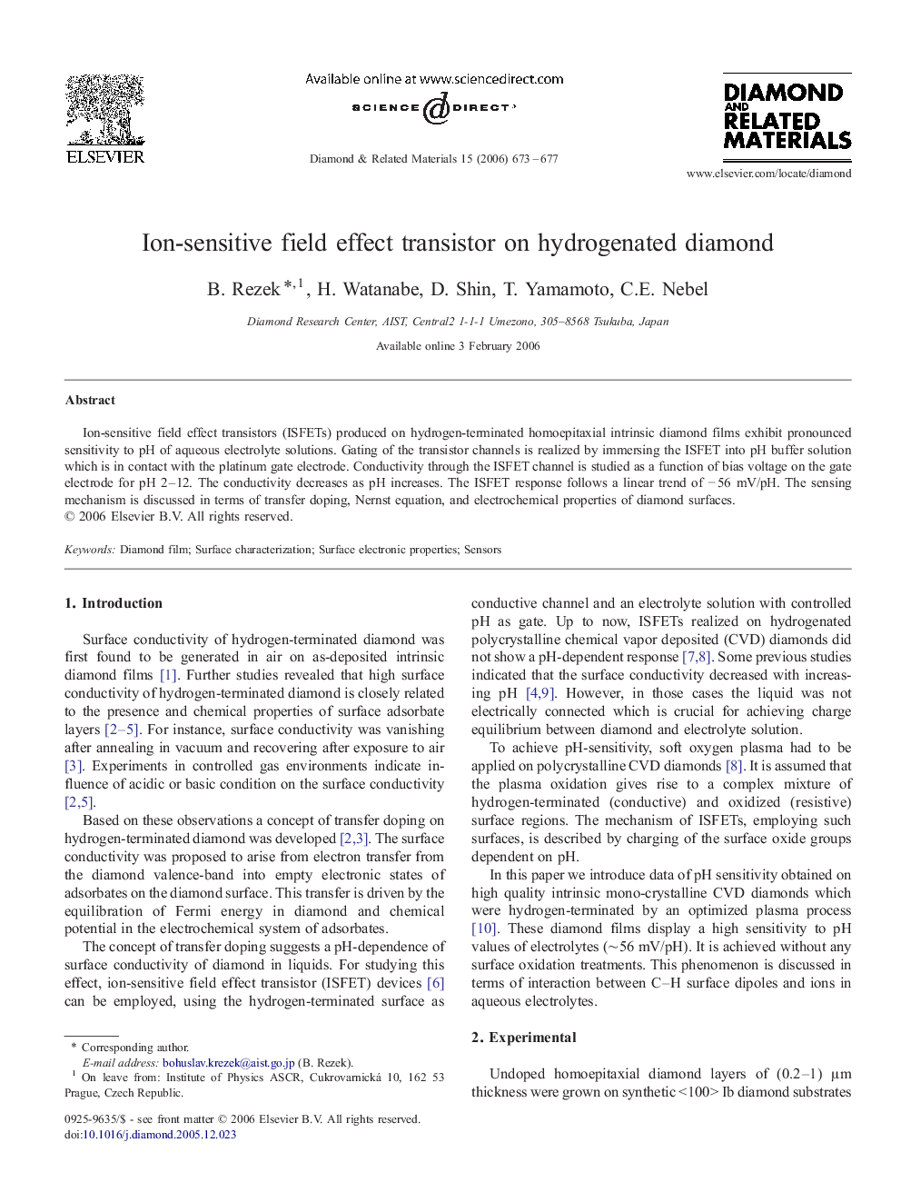 Ion-sensitive field effect transistor on hydrogenated diamond