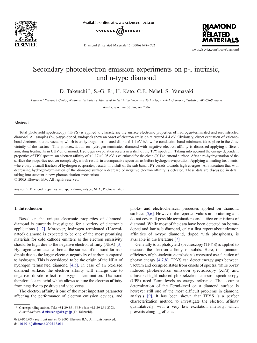 Secondary photoelectron emission experiments on p-, intrinsic, and n-type diamond