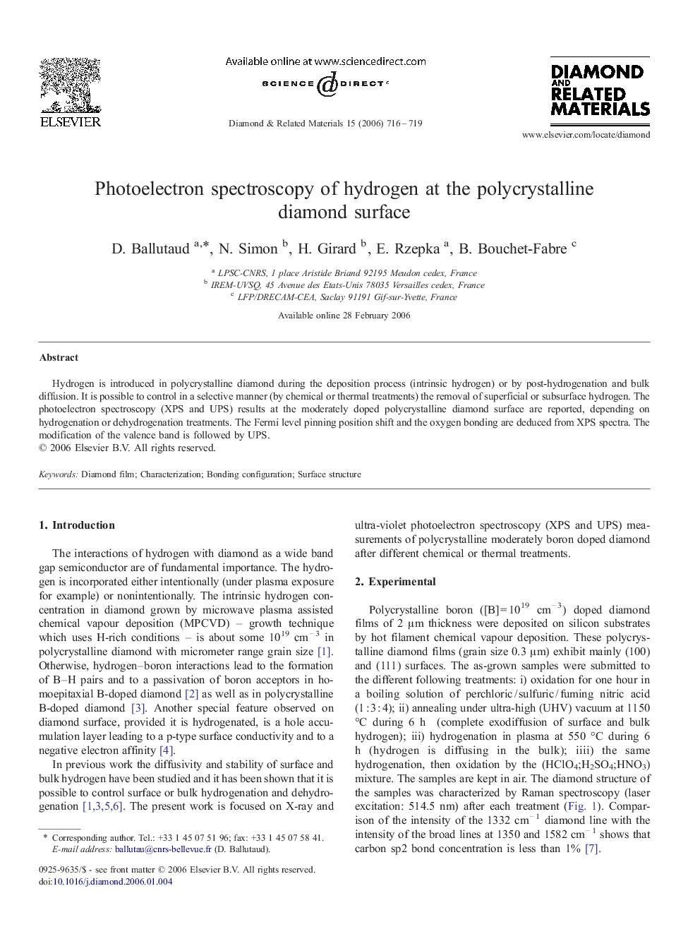 Photoelectron spectroscopy of hydrogen at the polycrystalline diamond surface