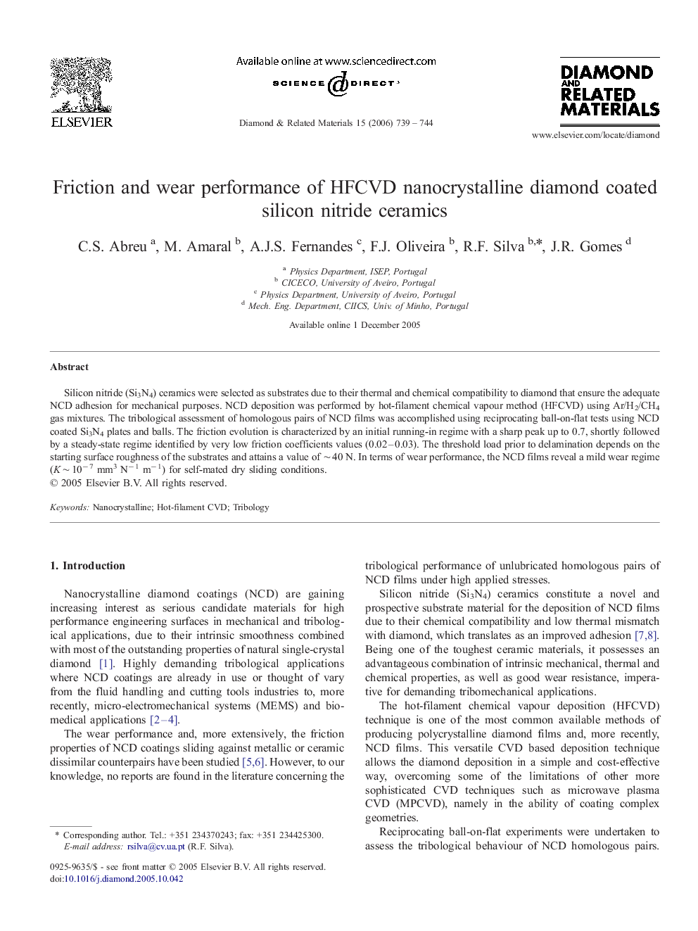 Friction and wear performance of HFCVD nanocrystalline diamond coated silicon nitride ceramics