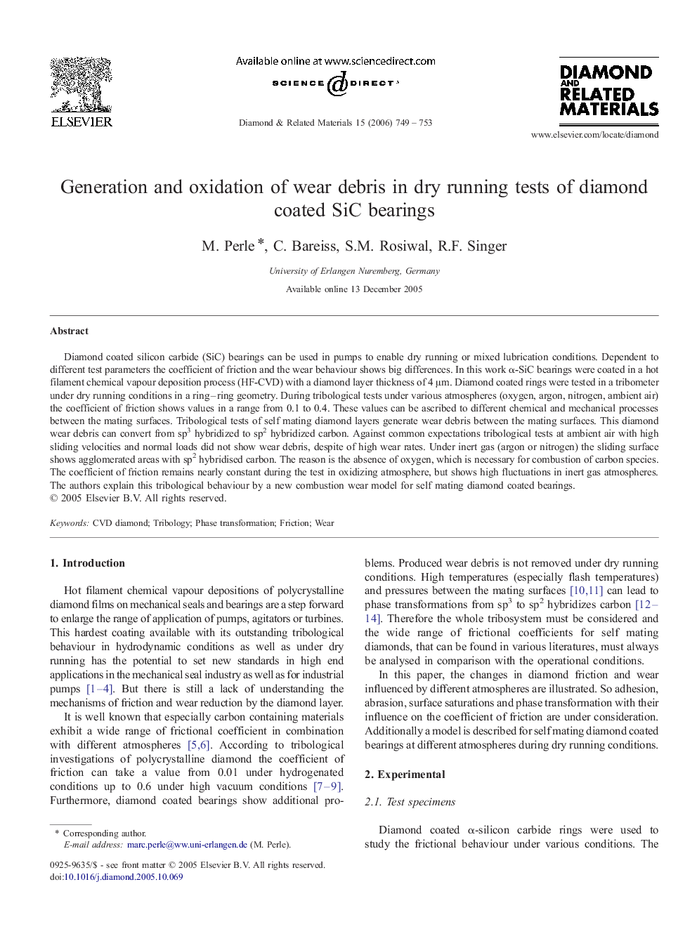 Generation and oxidation of wear debris in dry running tests of diamond coated SiC bearings