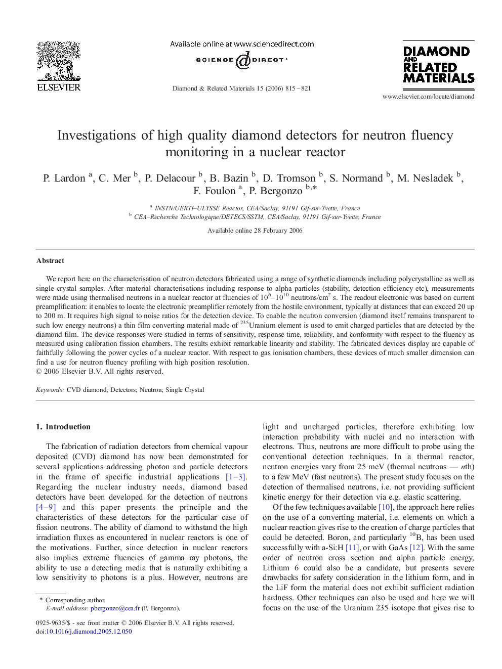 Investigations of high quality diamond detectors for neutron fluency monitoring in a nuclear reactor