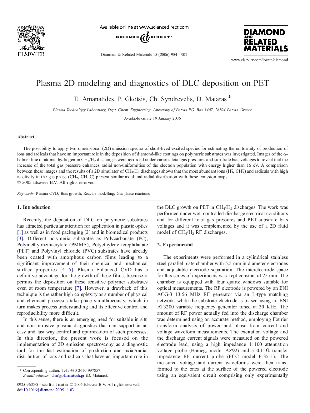 Plasma 2D modeling and diagnostics of DLC deposition on PET