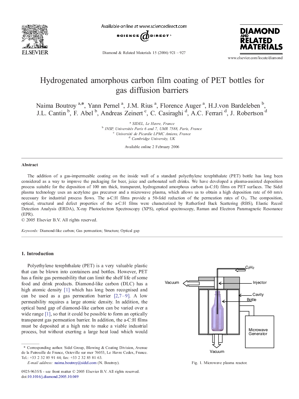 Hydrogenated amorphous carbon film coating of PET bottles for gas diffusion barriers