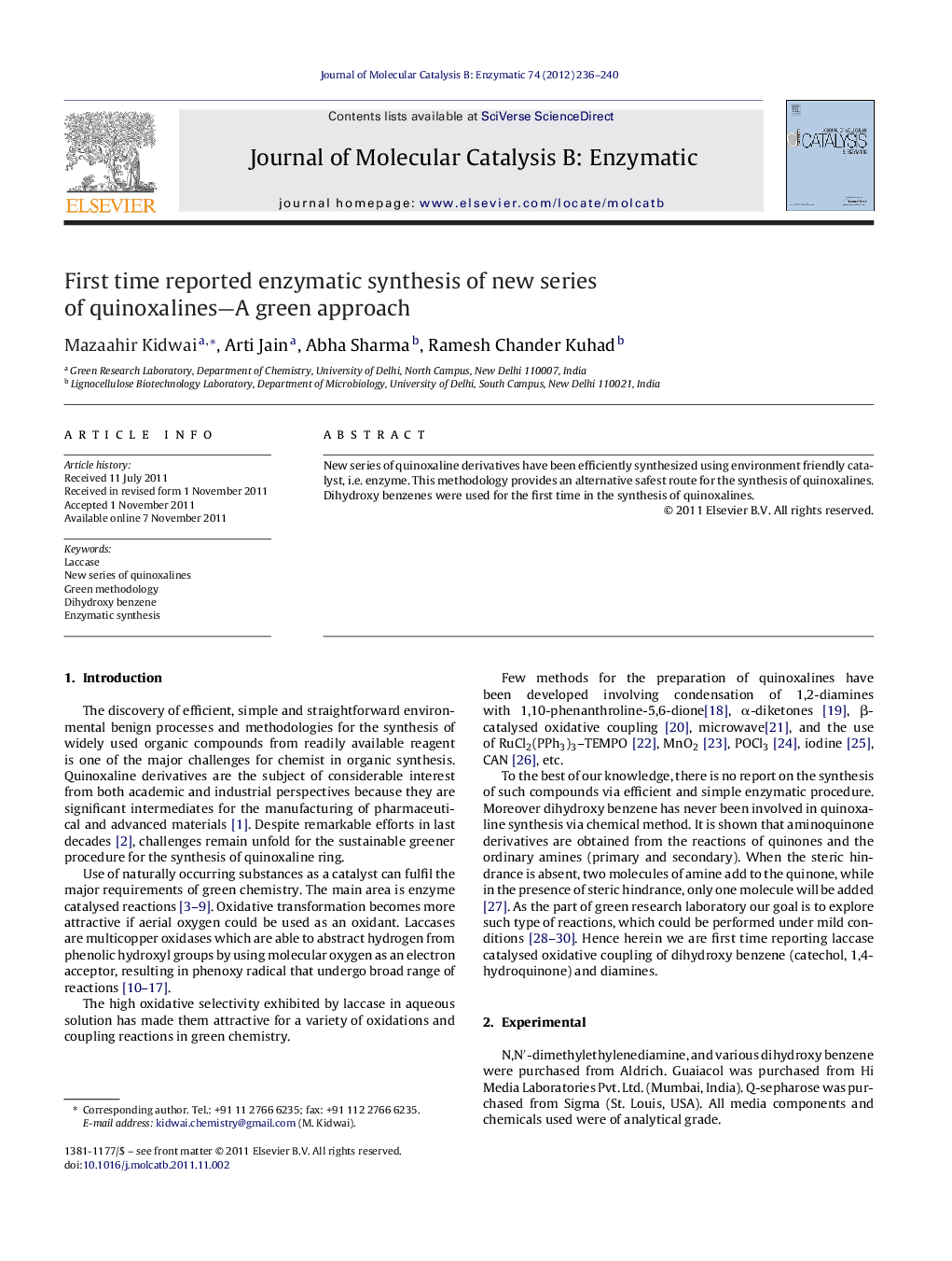 First time reported enzymatic synthesis of new series of quinoxalines—A green approach