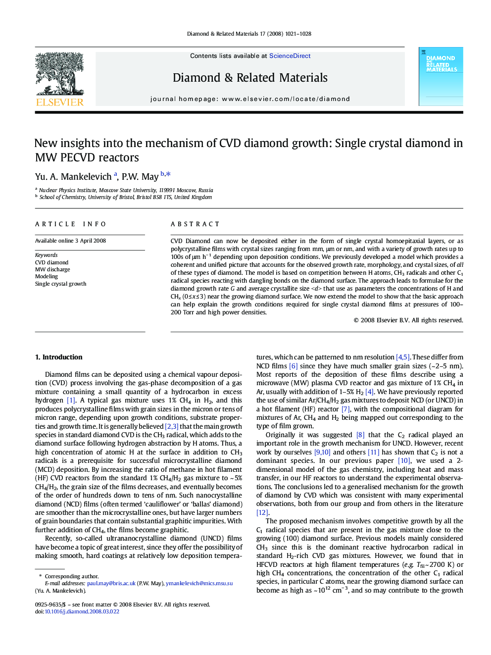 New insights into the mechanism of CVD diamond growth: Single crystal diamond in MW PECVD reactors