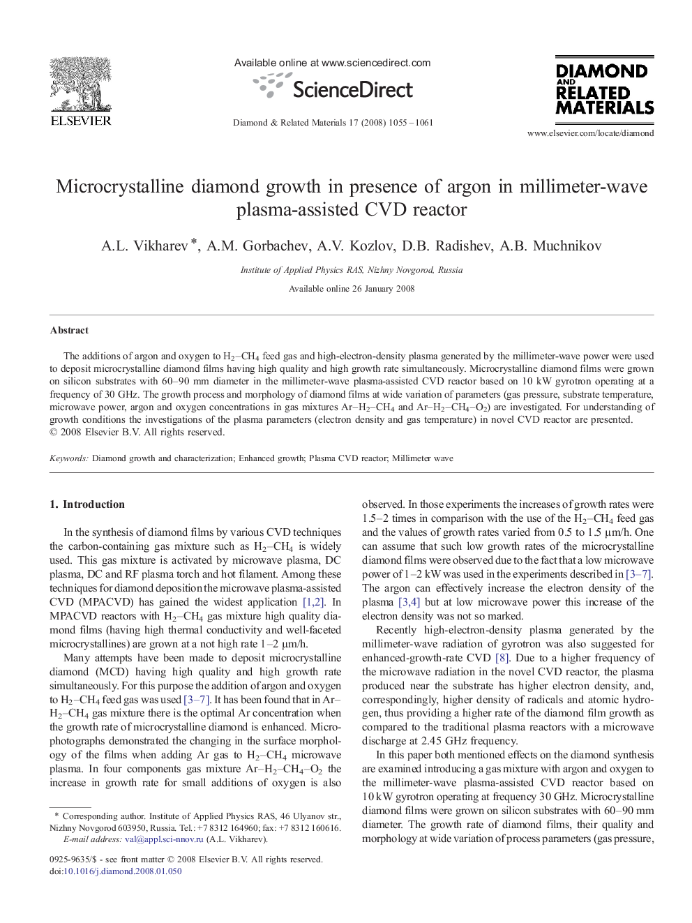 Microcrystalline diamond growth in presence of argon in millimeter-wave plasma-assisted CVD reactor