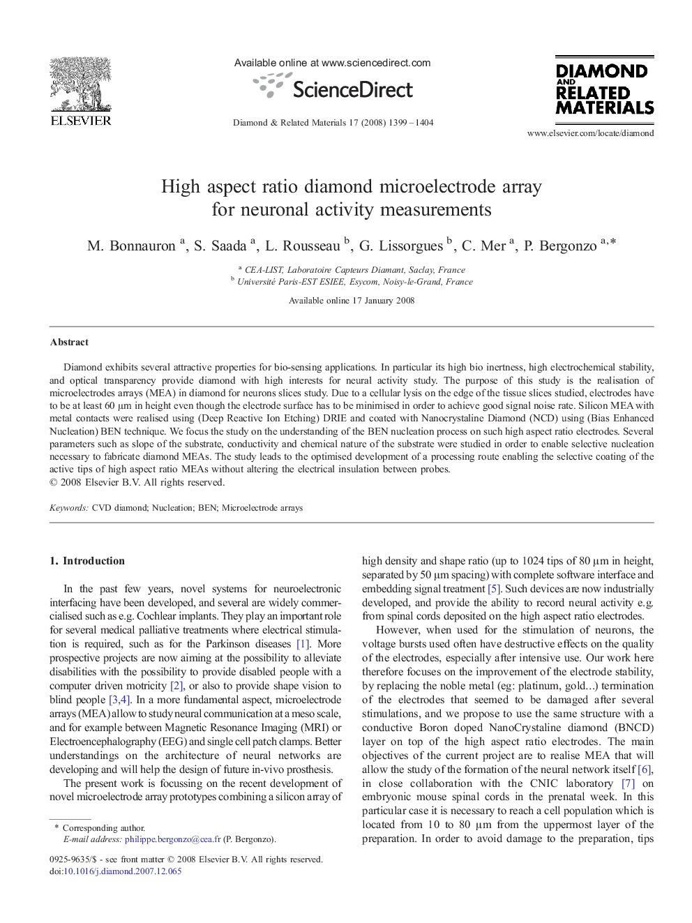 High aspect ratio diamond microelectrode array for neuronal activity measurements