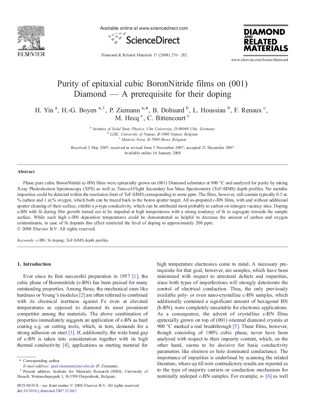 Purity of epitaxial cubic BoronNitride films on (001) Diamond — A prerequisite for their doping