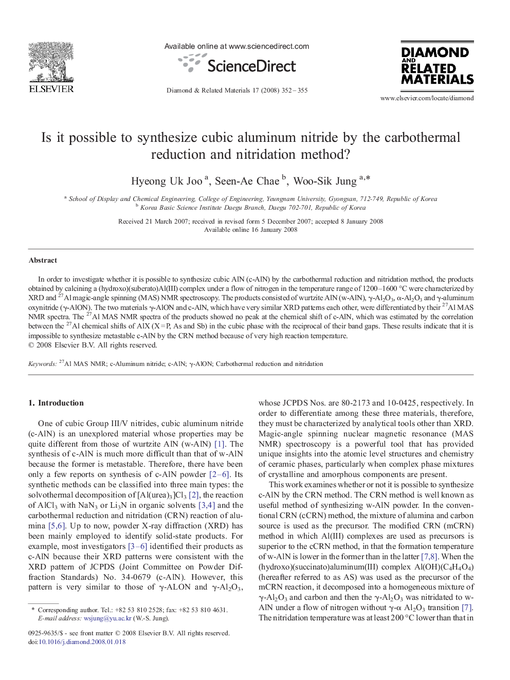 عکس صفحه اول مقاله: Is it possible to synthesize cubic aluminum nitride by the carbothermal reduction and nitridation method? Is it possible to synthesize cubic aluminum nitride by the carbothermal reduction and nitridation method?