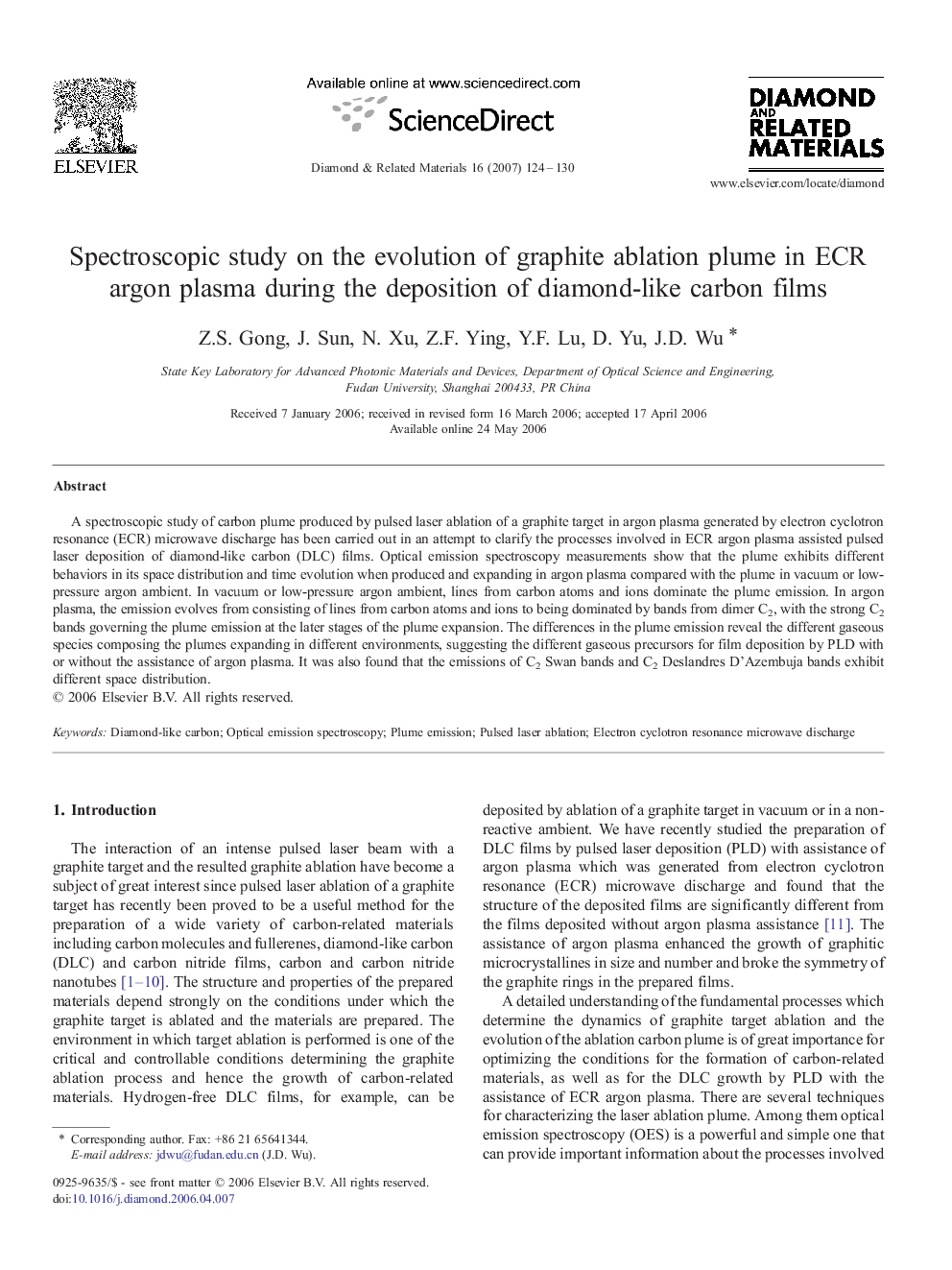 Spectroscopic study on the evolution of graphite ablation plume in ECR argon plasma during the deposition of diamond-like carbon films