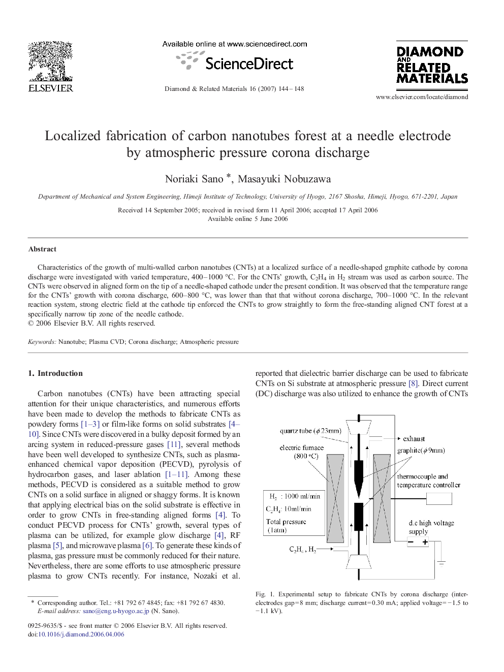 Localized fabrication of carbon nanotubes forest at a needle electrode by atmospheric pressure corona discharge