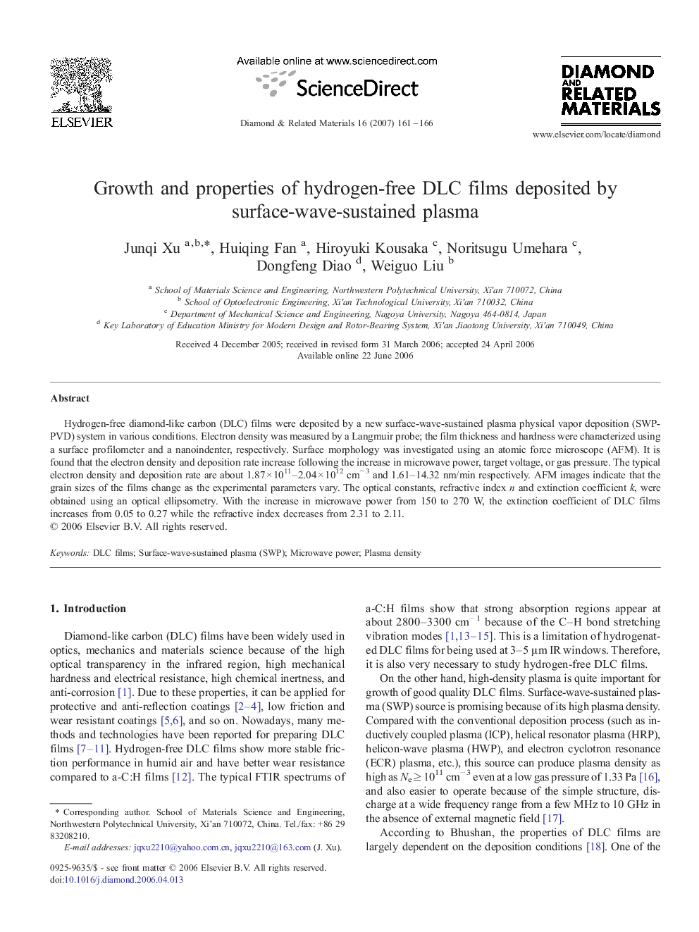 Growth and properties of hydrogen-free DLC films deposited by surface-wave-sustained plasma