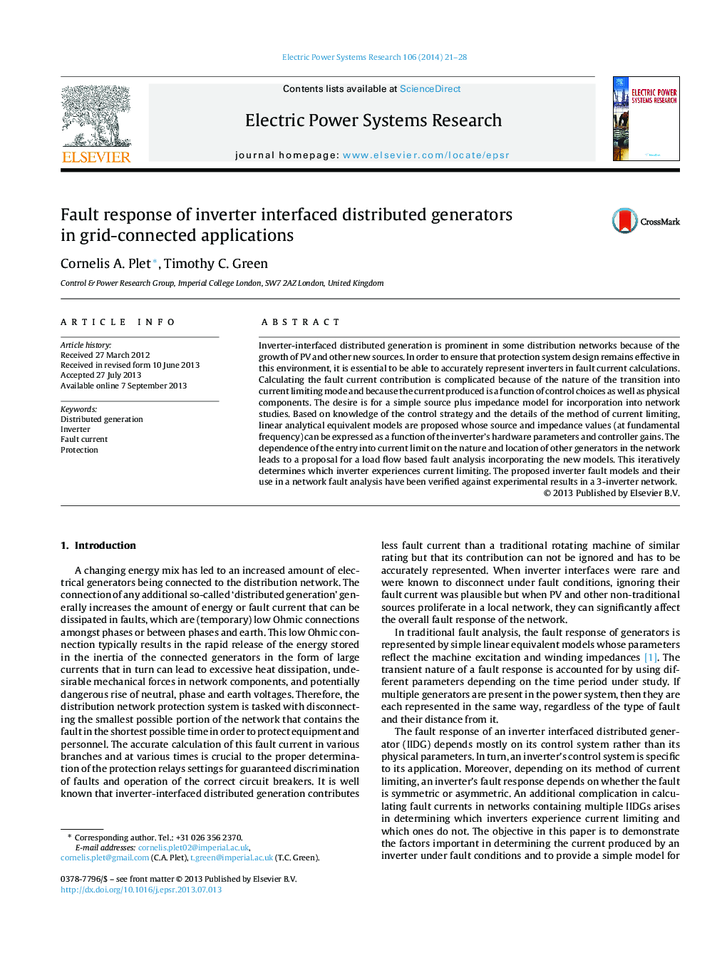 Fault response of inverter interfaced distributed generators in grid-connected applications