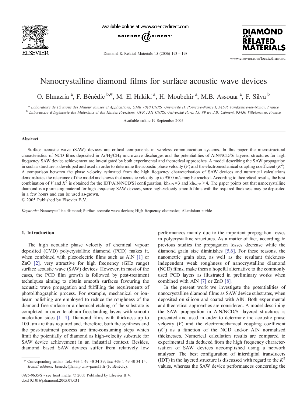 Nanocrystalline diamond films for surface acoustic wave devices