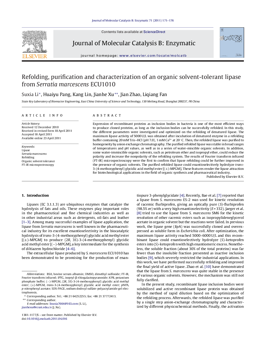 Refolding, purification and characterization of an organic solvent-tolerant lipase from Serratia marcescens ECU1010