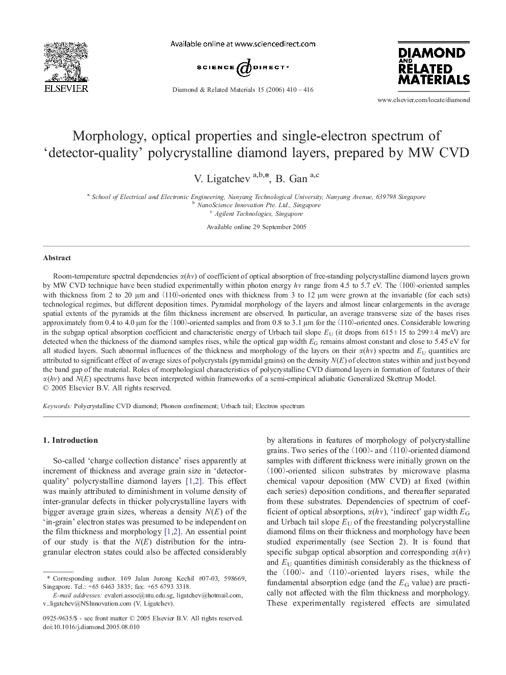 Morphology, optical properties and single-electron spectrum of ‘detector-quality’ polycrystalline diamond layers, prepared by MW CVD