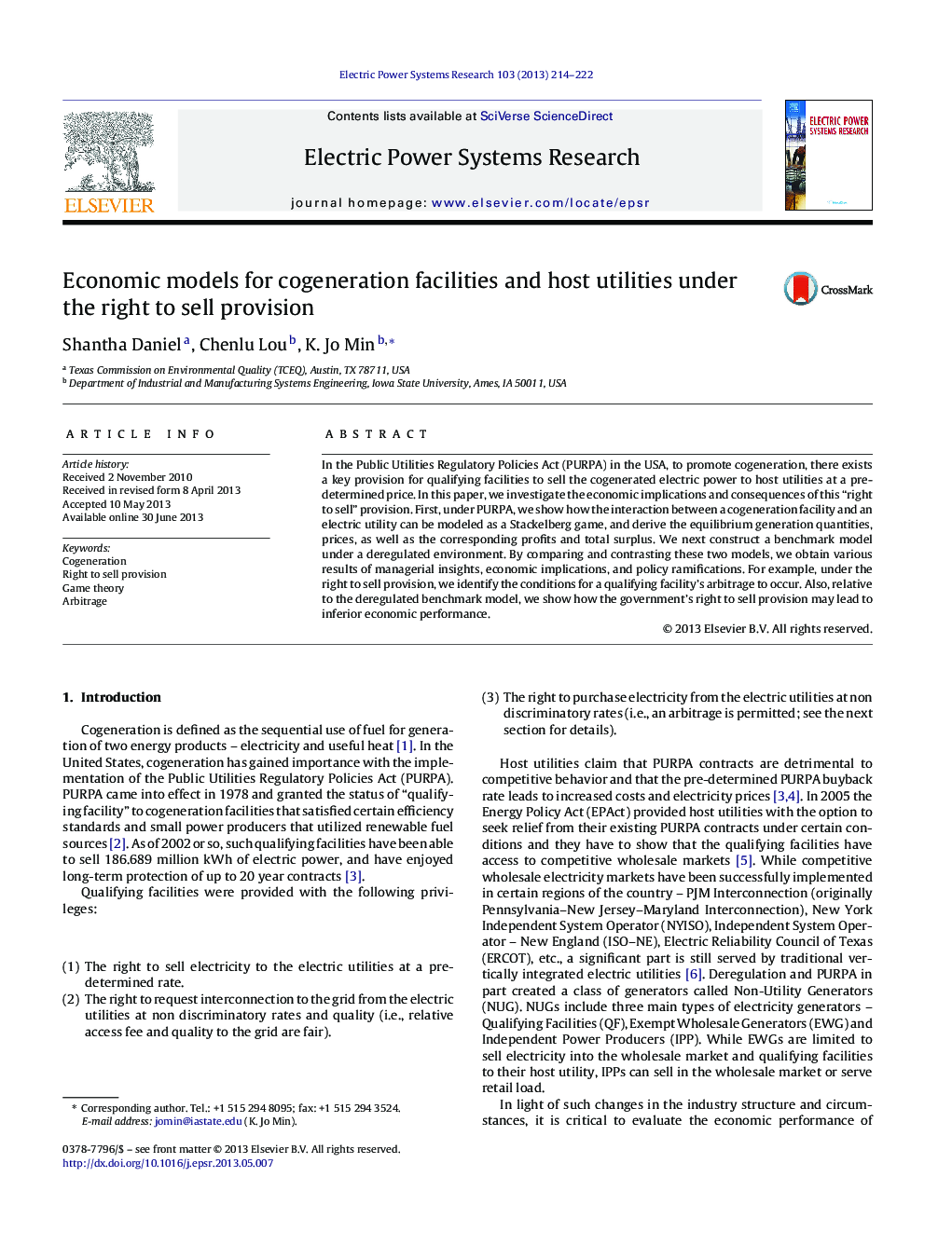 Economic models for cogeneration facilities and host utilities under the right to sell provision