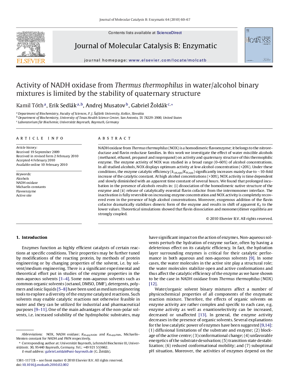 Activity of NADH oxidase from Thermus thermophilus in water/alcohol binary mixtures is limited by the stability of quaternary structure