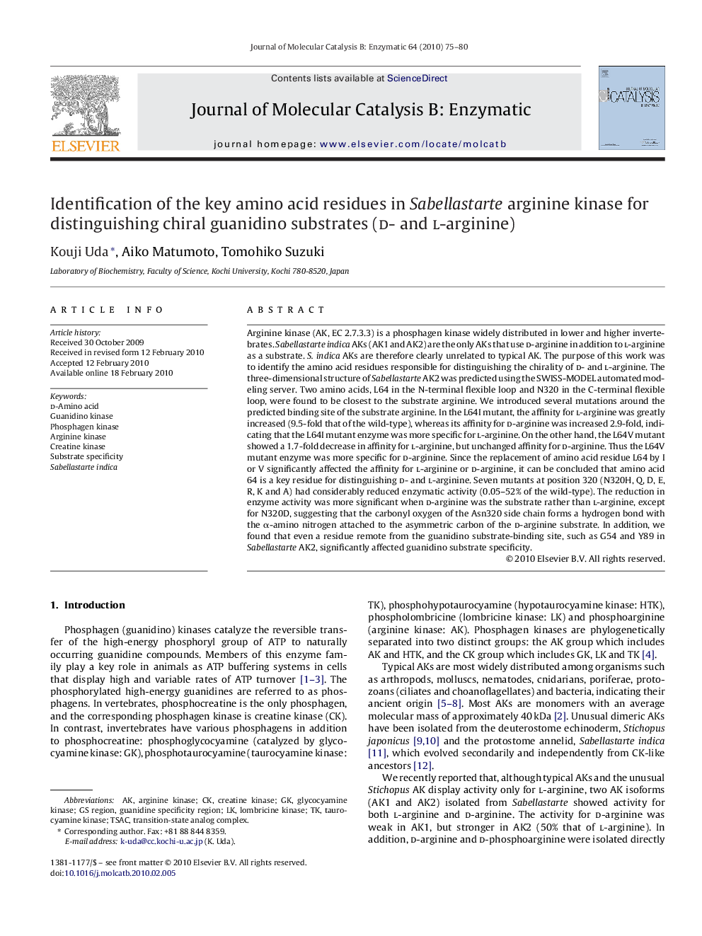 Identification of the key amino acid residues in Sabellastarte arginine kinase for distinguishing chiral guanidino substrates (d- and l-arginine)