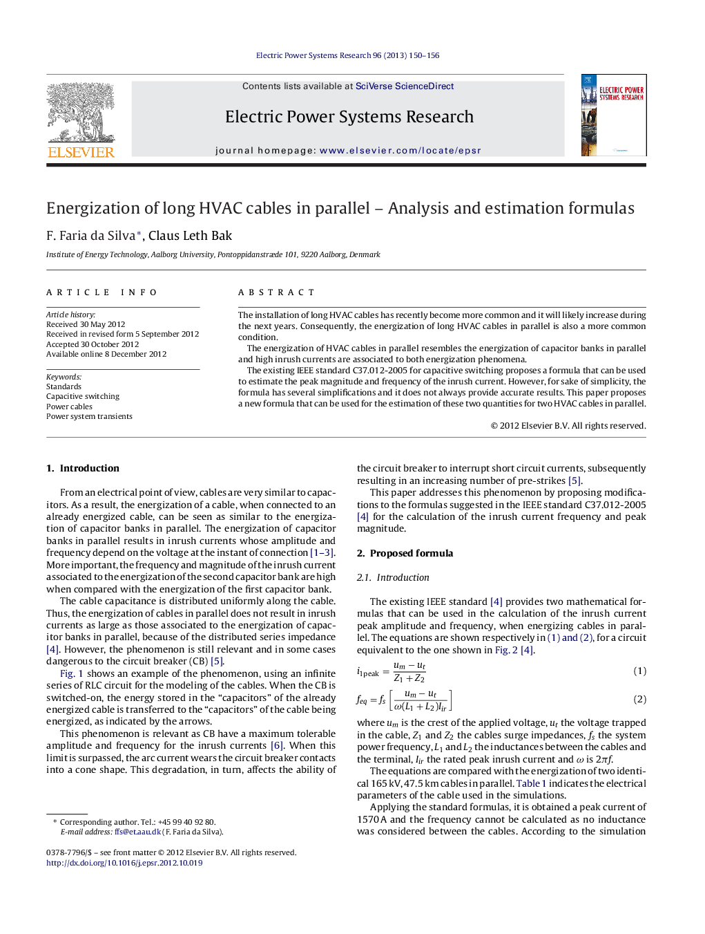 Energization of long HVAC cables in parallel – Analysis and estimation formulas