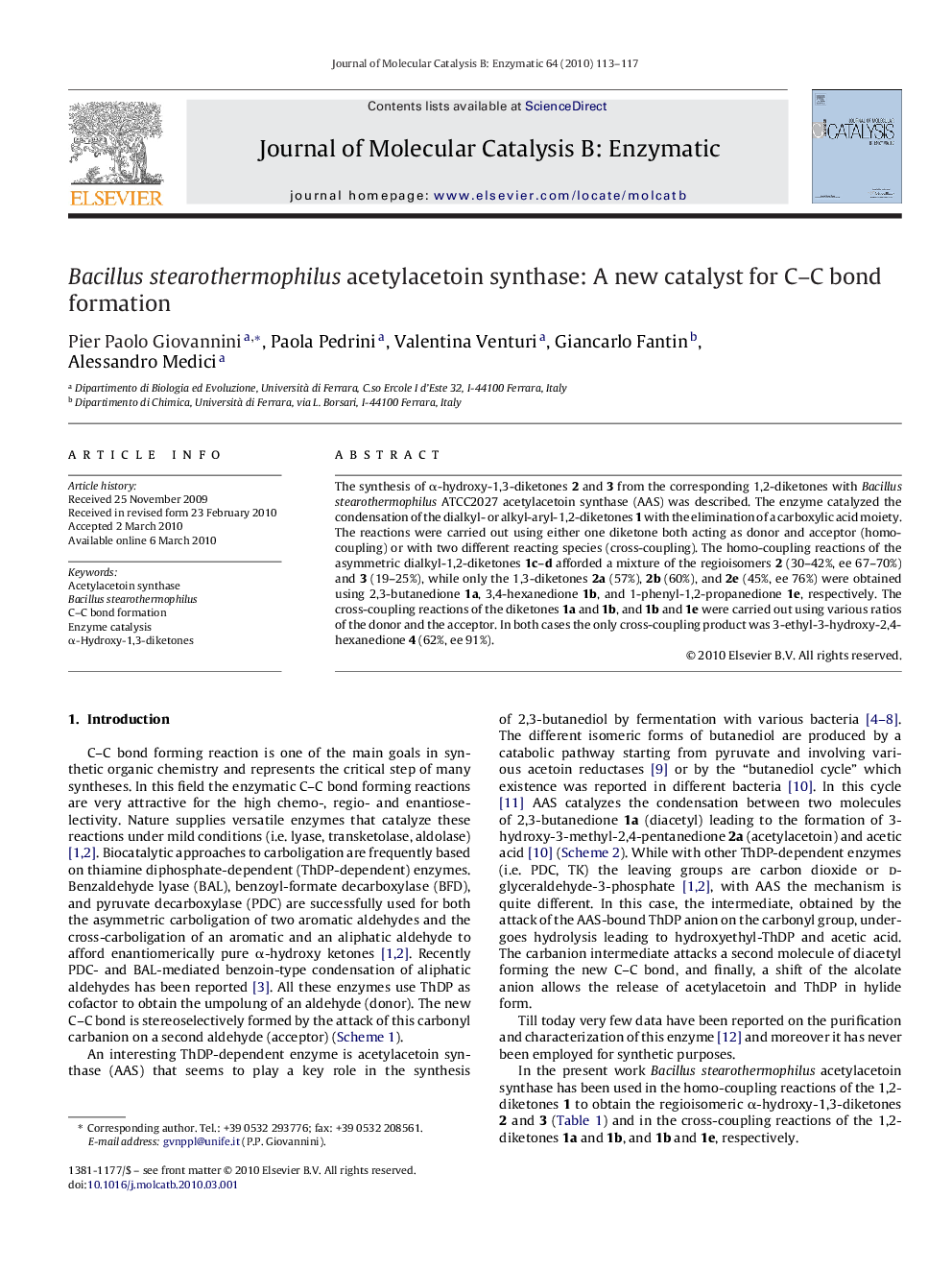 Bacillus stearothermophilus acetylacetoin synthase: A new catalyst for C–C bond formation