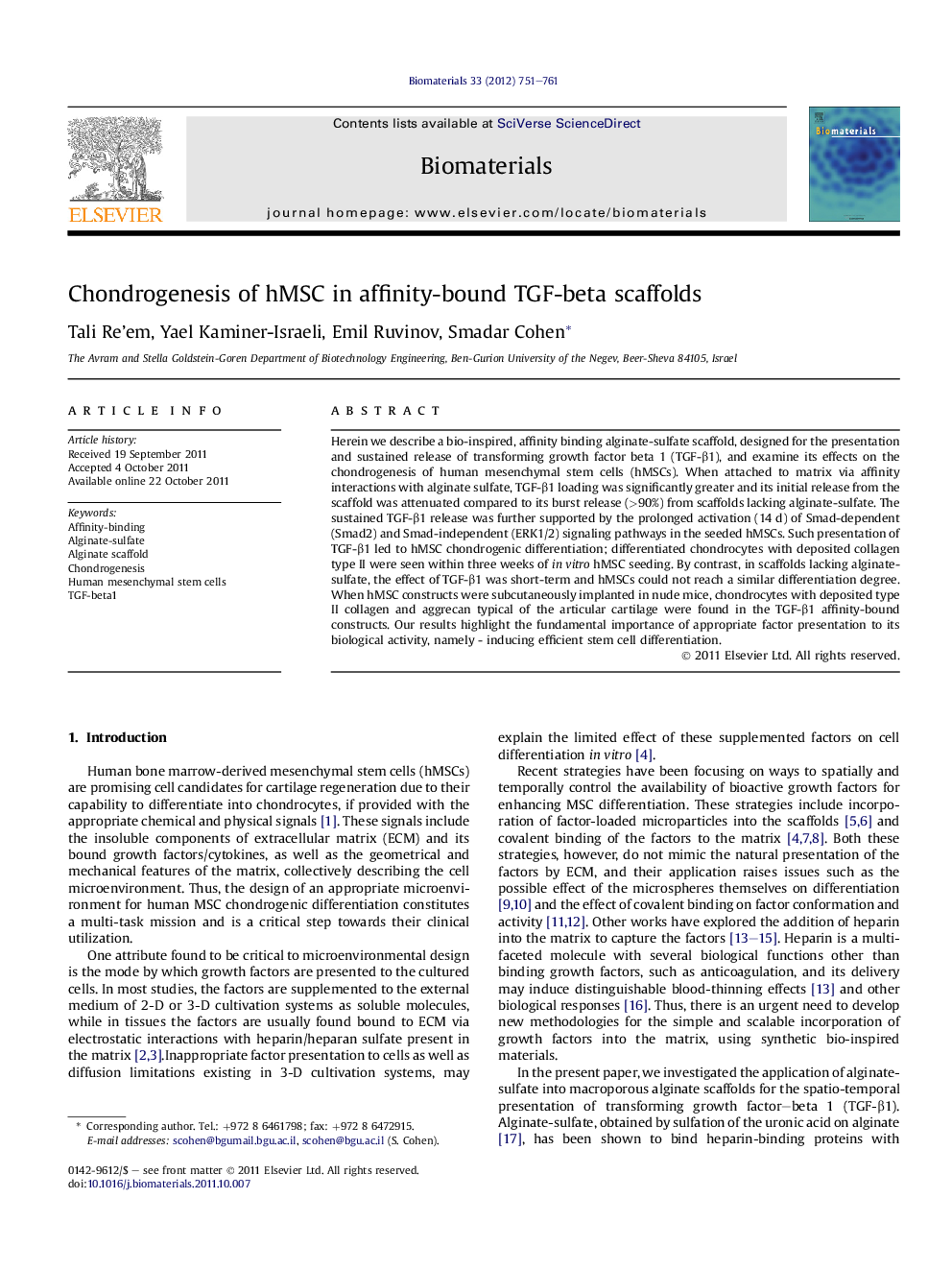 Chondrogenesis of hMSC in affinity-bound TGF-beta scaffolds