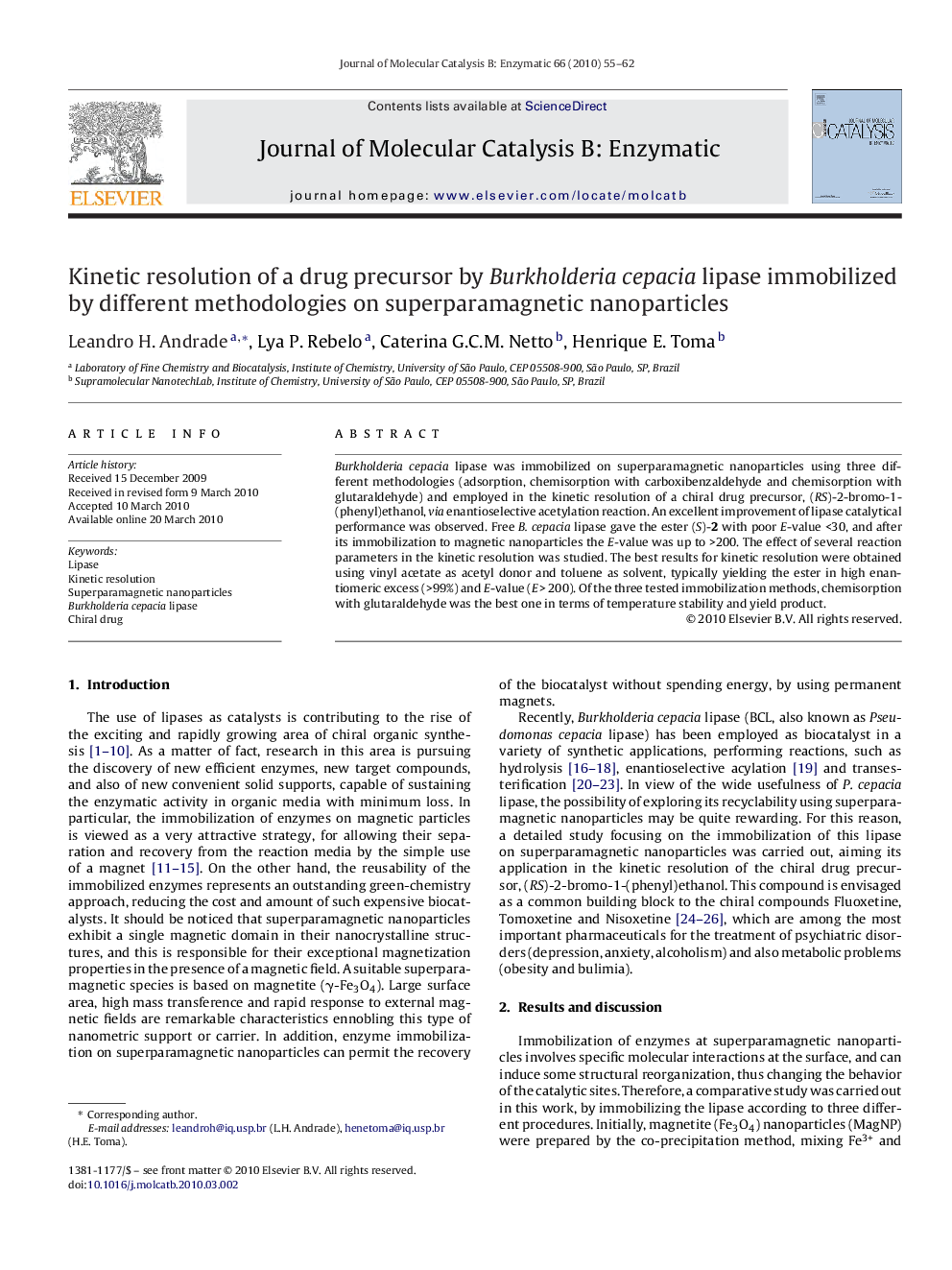 Kinetic resolution of a drug precursor by Burkholderia cepacia lipase immobilized by different methodologies on superparamagnetic nanoparticles