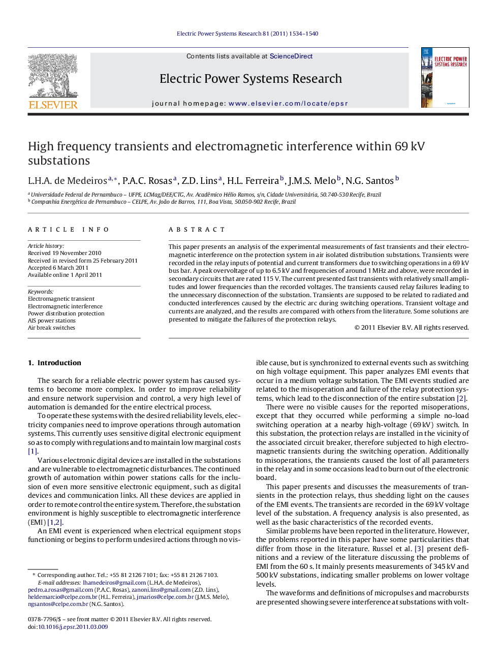 High frequency transients and electromagnetic interference within 69 kV substations