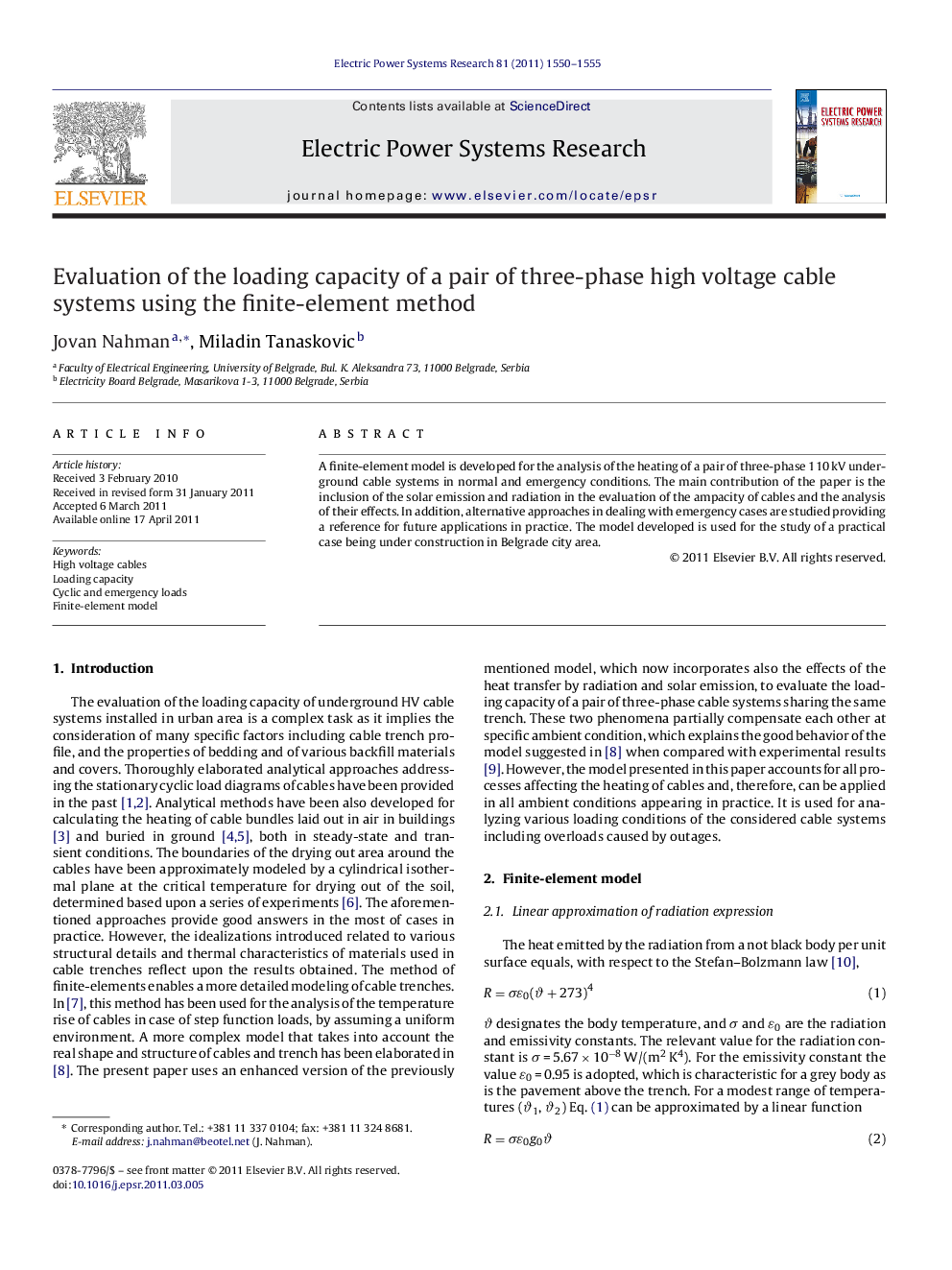 Evaluation of the loading capacity of a pair of three-phase high voltage cable systems using the finite-element method