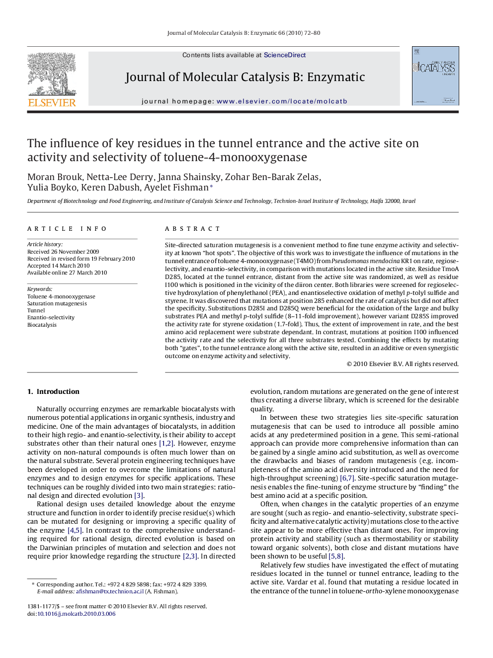 The influence of key residues in the tunnel entrance and the active site on activity and selectivity of toluene-4-monooxygenase