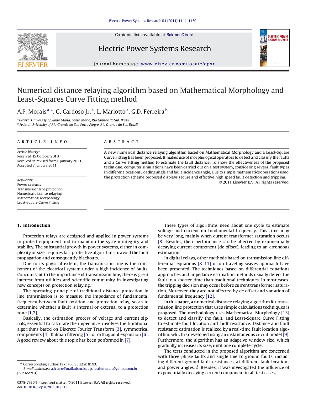عکس صفحه اول مقاله: Numerical distance relaying algorithm based on Mathematical Morphology and Least-Squares Curve Fitting method Numerical distance relaying algorithm based on Mathematical Morphology and Least-Squares Curve Fitting method