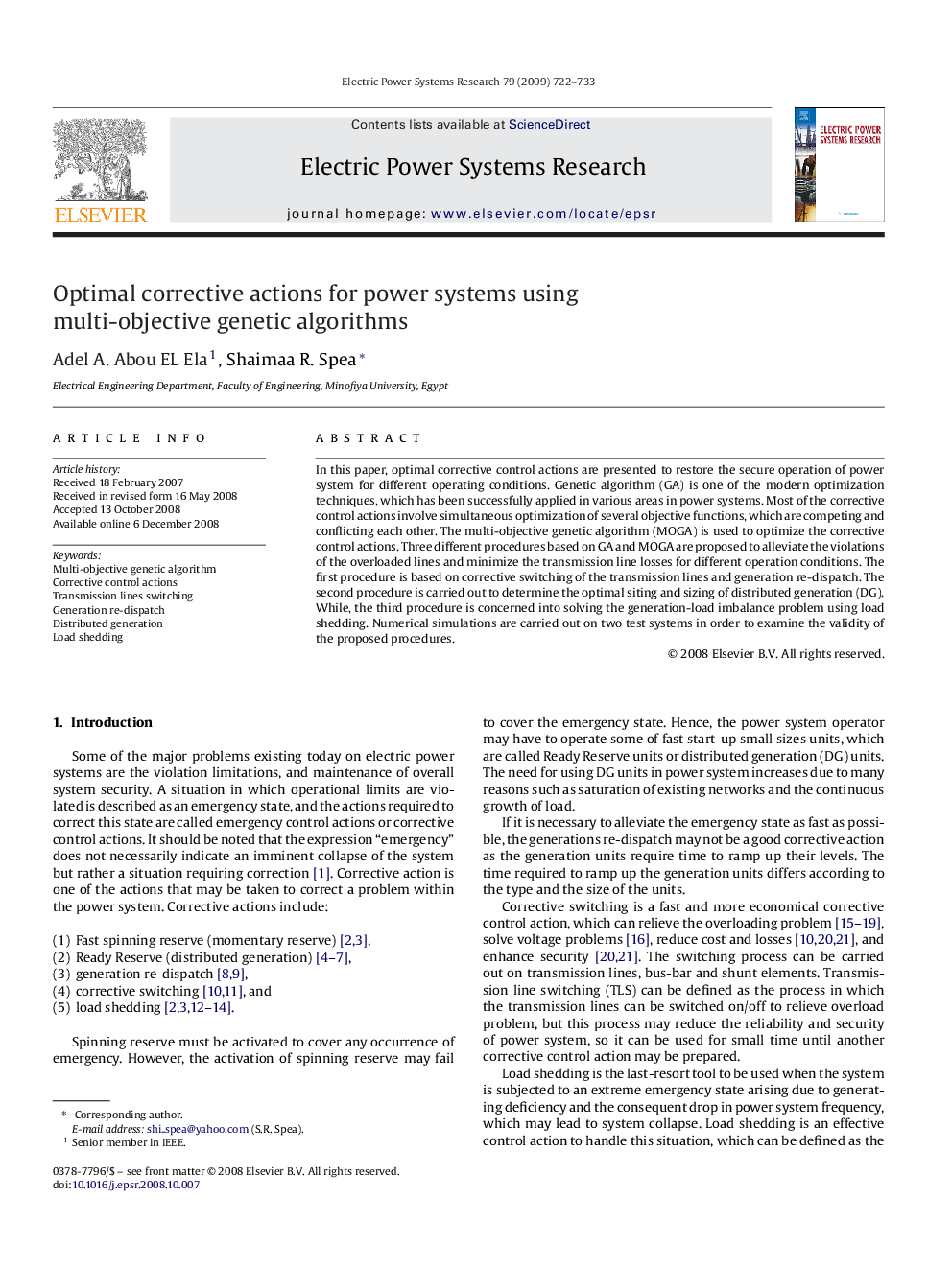 Optimal corrective actions for power systems using multi-objective genetic algorithms