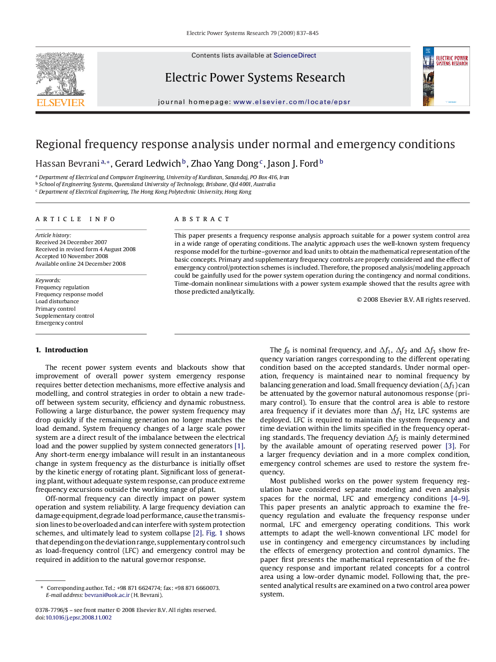 Regional frequency response analysis under normal and emergency conditions