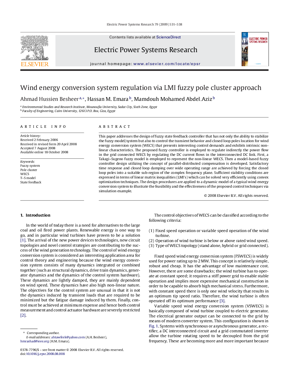 Wind energy conversion system regulation via LMI fuzzy pole cluster approach