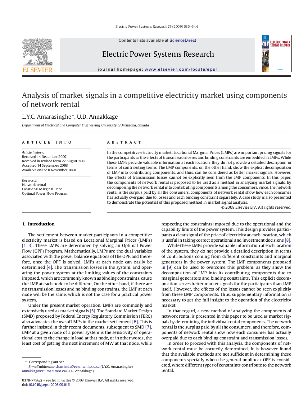 Analysis of market signals in a competitive electricity market using components of network rental