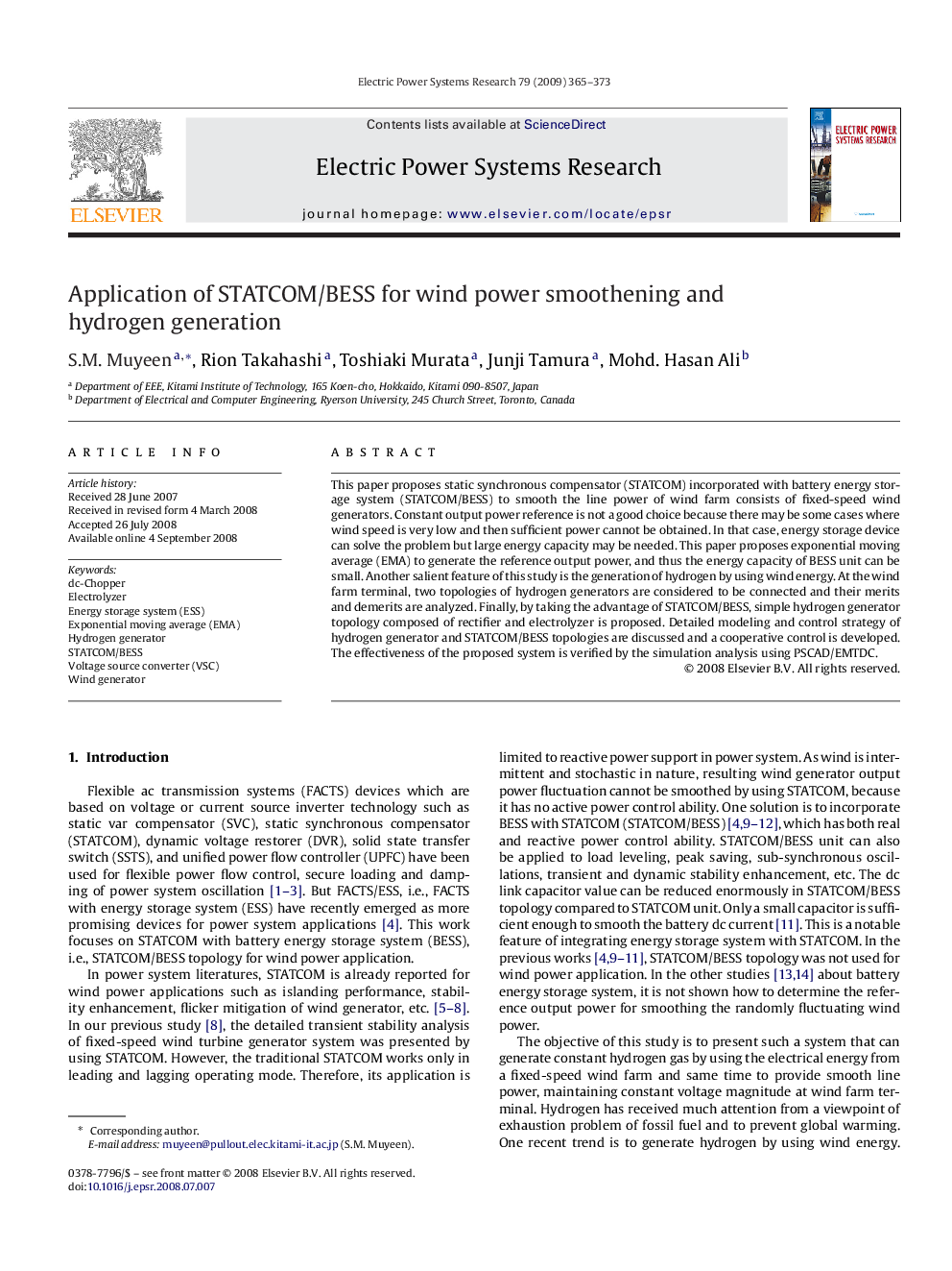 Application of STATCOM/BESS for wind power smoothening and hydrogen generation