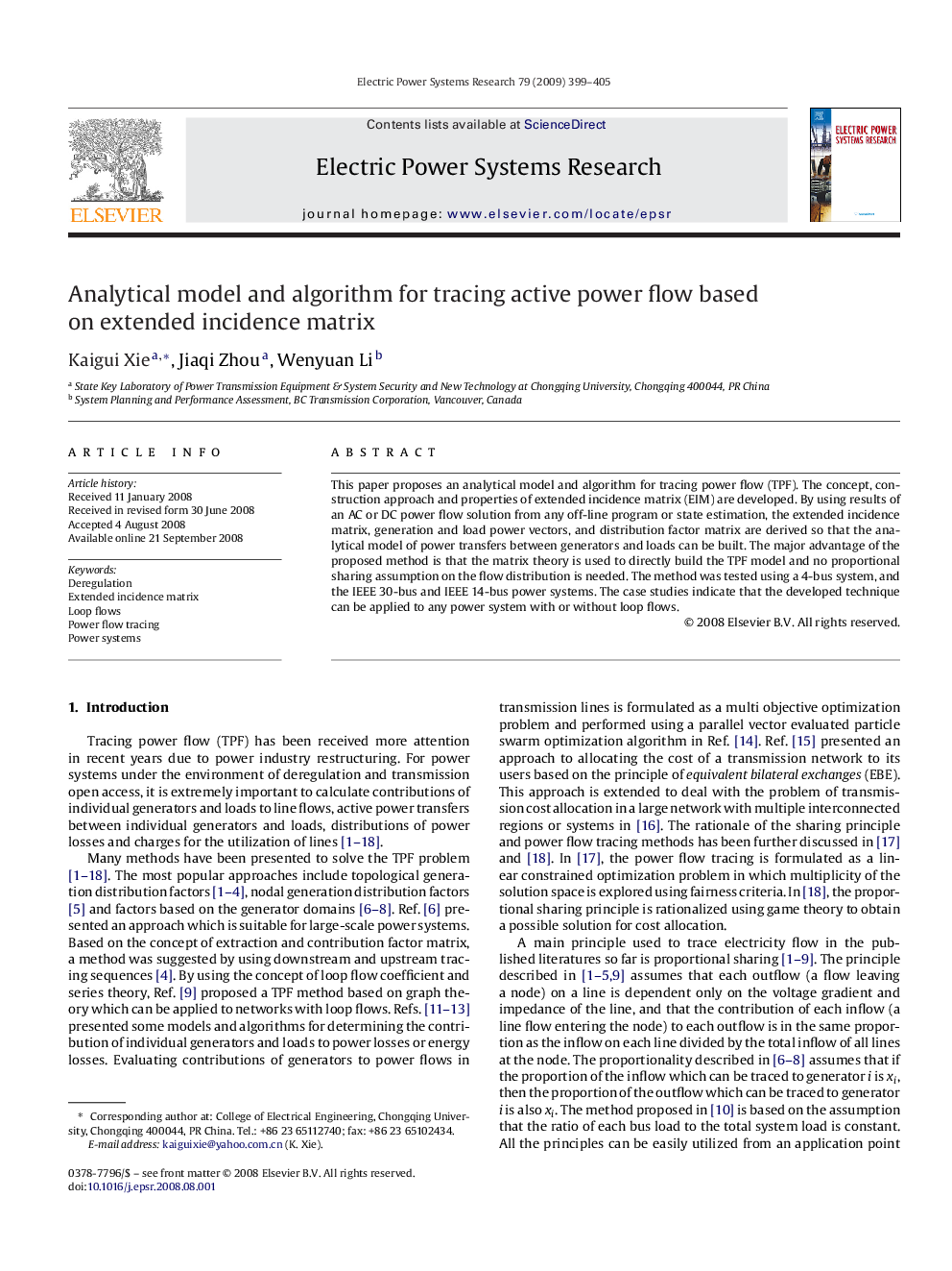 Analytical model and algorithm for tracing active power flow based on extended incidence matrix