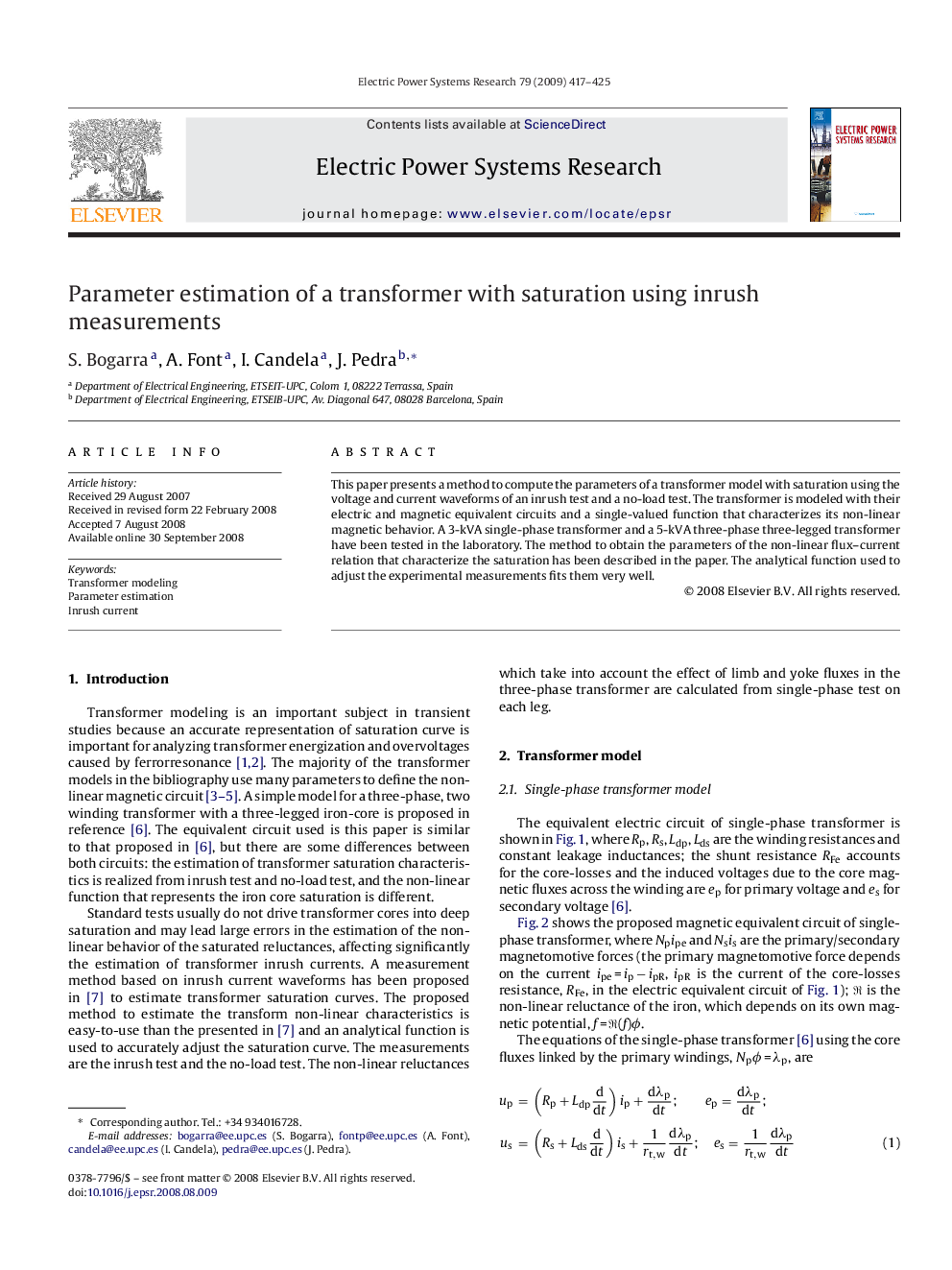 Parameter estimation of a transformer with saturation using inrush measurements