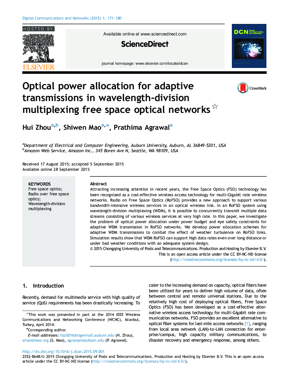 Optical power allocation for adaptive transmissions in wavelength-division multiplexing free space optical networks 