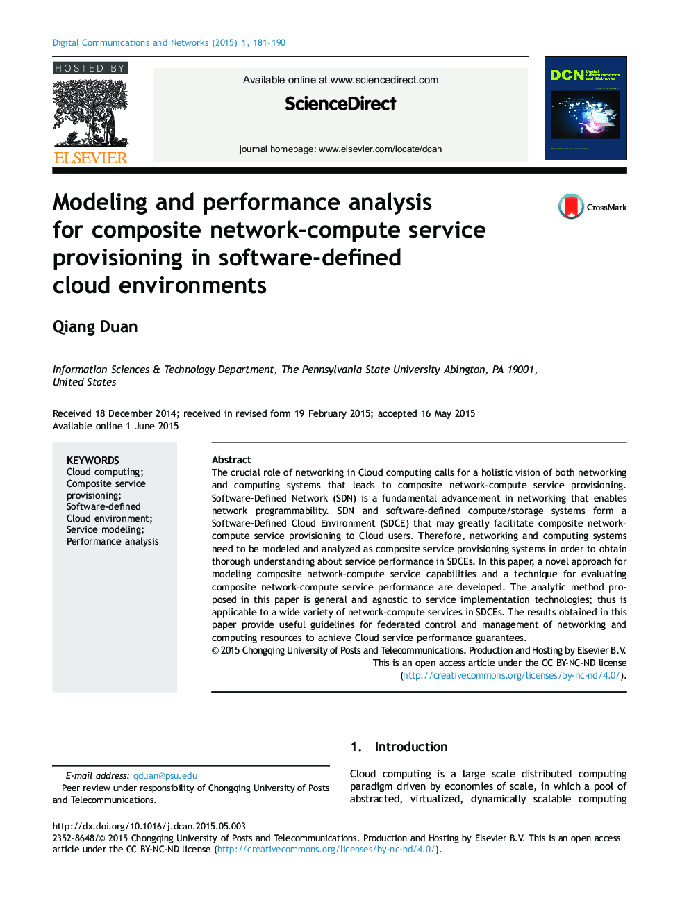 Modeling and performance analysis for composite network–compute service provisioning in software-defined cloud environments 