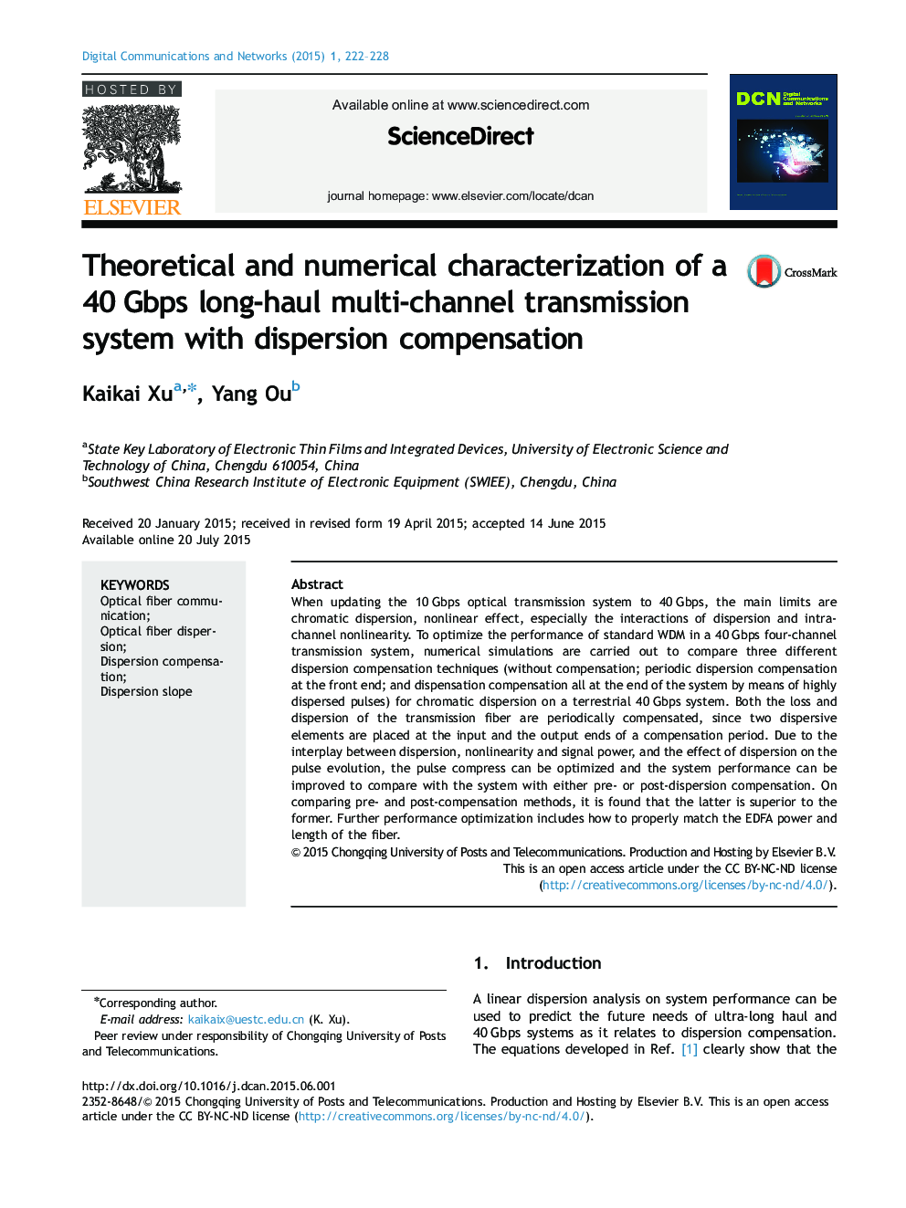 Theoretical and numerical characterization of a 40 Gbps long-haul multi-channel transmission system with dispersion compensation 